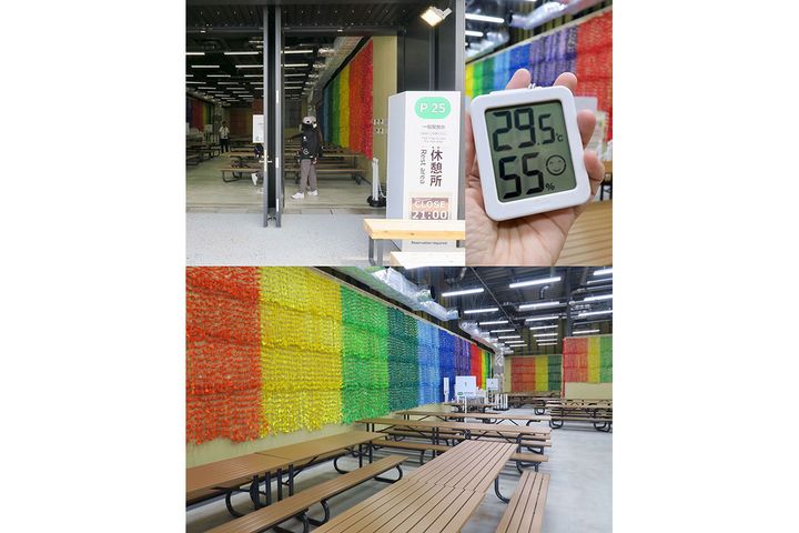 大屋根リング内・東側「エンパワーリングゾーン」にある団体休憩所（公式MAP：P25）。壁一面に折り鶴が飾られ、とても印象的です。Wi-Fi環境あり！