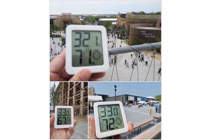 大屋根リング上部（上）、大屋根リング近くの屋外（下左）、大屋根リングから離れた中心部近く（下右）の3カ所で気温・湿度をチェック。とにかく蒸し暑い…。(※）筆者が手持ちの温度湿度計で計測した数値です。