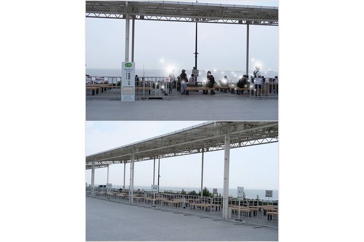 西ゲート側の「フューチャーライフゾーン」にある団体休憩所（公式MAP:団体休憩所西）。海を一望できる開放感が魅力です！