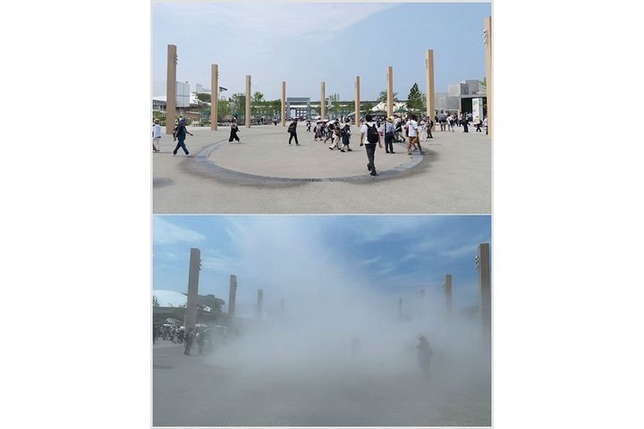 「いのちパーク」のミスト噴射。あっという間に幻想的な霧に包まれます！