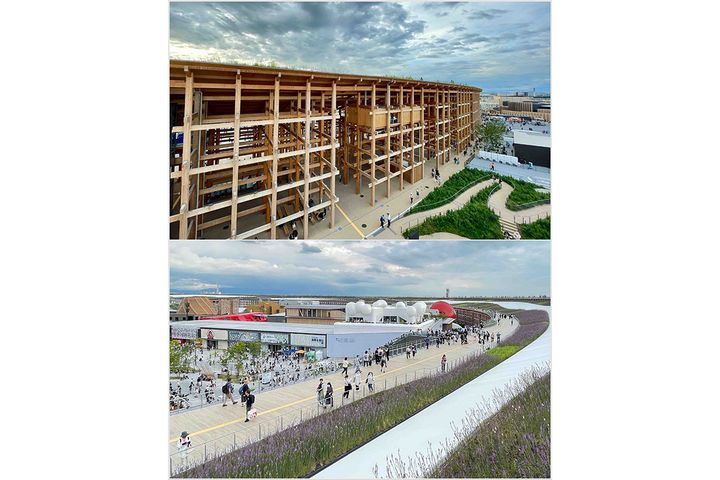 これが、大屋根リング。圧倒的な存在感で、上部スカイウォークからパビリオンを俯瞰して眺められます（写真は5月撮影）。