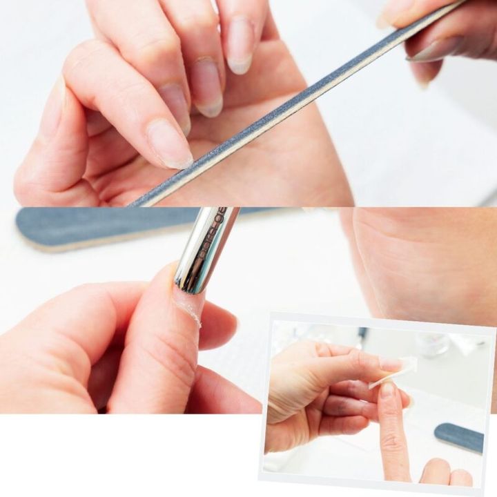 指に対して垂直に爪やすりを当て形を整えると、指が長く見える効果大。甘皮は、プッシャーで取り除く。ここで再度消毒を。