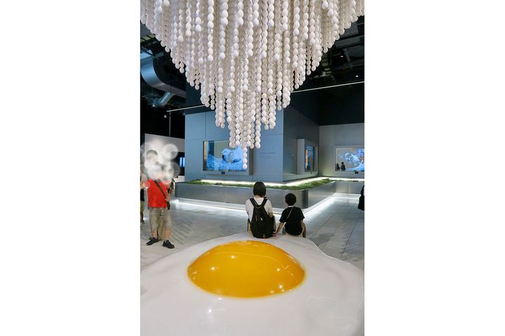 もしも日本人が食べる一生分の卵を使って焼いたら…こんな目玉焼きに！オブジェは自由に座ってくつろぐことができます。