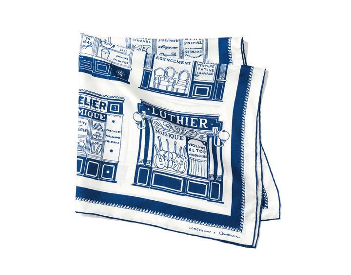 花屋やパン屋など、パリの街を支える職人たちを称えた絵柄のスカーフ。