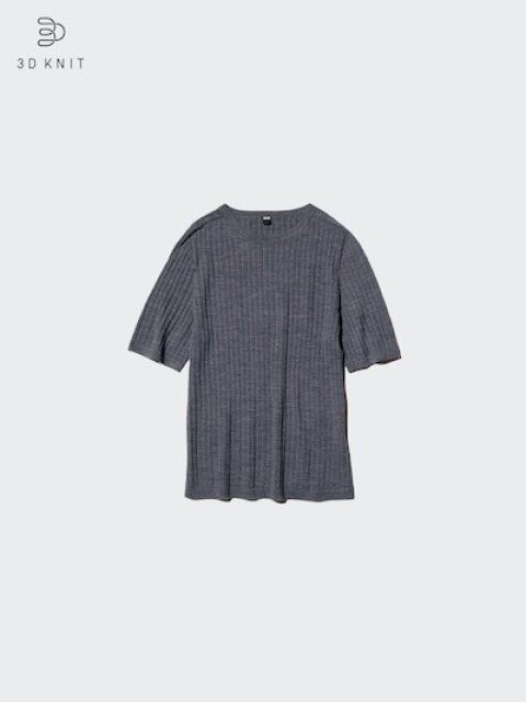 ユニクロ 3Dメリノリブクルーネックセーター5分袖 GRAY