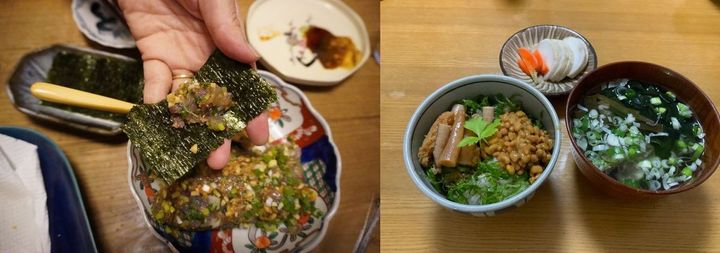 写真左＝知人夫妻の旦那さんが開発したトビウオなめろう海苔巻き。酒肴をちまちま食べながらお酒を長く飲みたい人の魂胆がにじみ出ています／写真右＝知人夫妻の翌日のランチ。トビウオの魚卵を煮付けて大葉をしいて納豆と一緒に丼に。頭と骨はあら汁にして堪能したそう