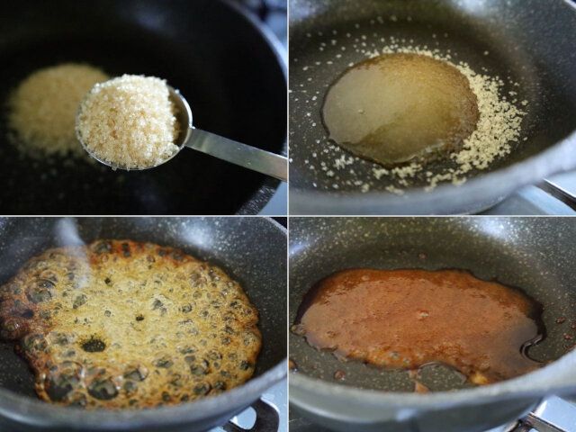 フライパンまたは鍋にAを入れ中火で熱して、カラメルを作る。