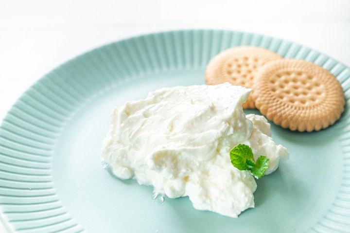 平皿に乗せられたグリークヨーグルトとビスケット2枚