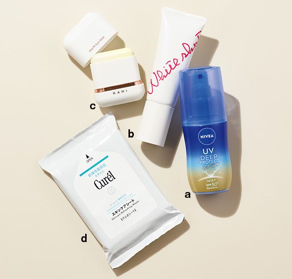 【a】ニベアUV ディープ プロテクト＆ケア ミルクミスト 【b】ポーラ ホワイトショット セラムUV 【c】KAHI エアリーフィット サンスティック 【d】キュレル スキンケアシート