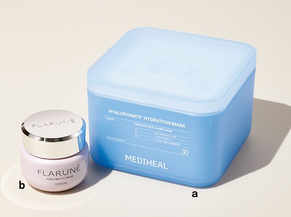 【a】メディヒール ヒアルロネート ハイドレーションマスク 【b】アルビオン フラルネ コクメルティ クリーム