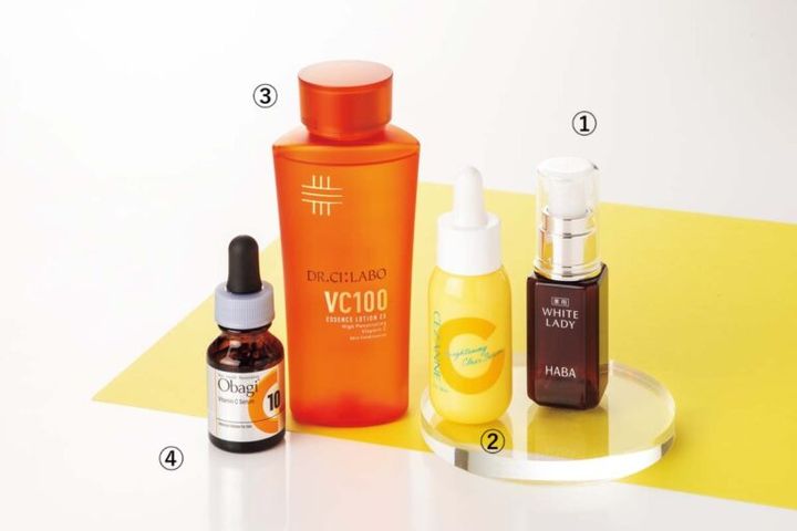 薬用ホワイトレディ（医薬部外品） 30㎖ ¥3,960／ハーバー研究所、セザンヌ 薬用クリアセラム（医薬部外品） 30㎖ ¥990／セザンヌ化粧品、VC100エッセンスローションEX 150㎖ ¥5,390／ドクターシーラボ、オバジ C10 12㎖ ¥4,400／ロート製薬、