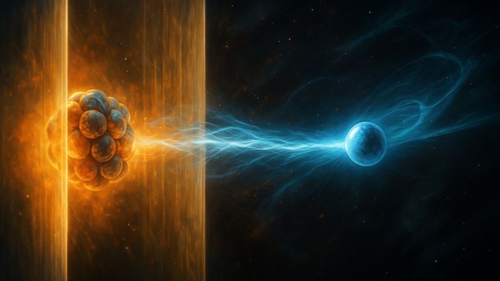 電子が障壁からトンネル効果で脱出する様子