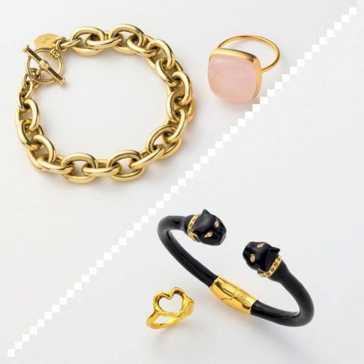 上：ブレスレット9万3500円（スキャット／ロードス） リング8万8000円（ピモンテ） 下：バングル2万5300円（ポリーナ フィレンツェ／ピモンテ） リング1万7600円（tsugumi iwamoto／ロードス）