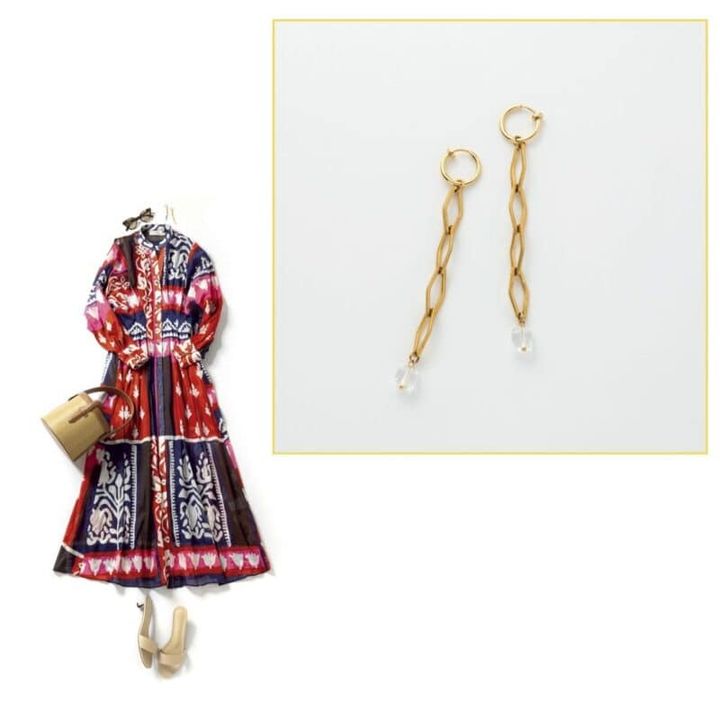 ピアス7700円（MU／ロードス） ワンピース8万4700円（デボーションツインズ／ノウン） バッグ4万5100円（ヴァジック／ヴァジックジャパン） サンダル3万8500円（トニービアンコ／エリオポール代官山） サングラス4万8400円（プロポ／プロポデザイン） 