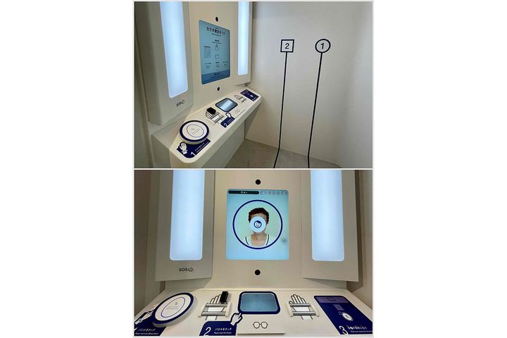 「カラダ測定ポッド」の小部屋には、様ざまな角度から体験者の健康状態をチェックする最新鋭の機器が仕込まれています。すごい！