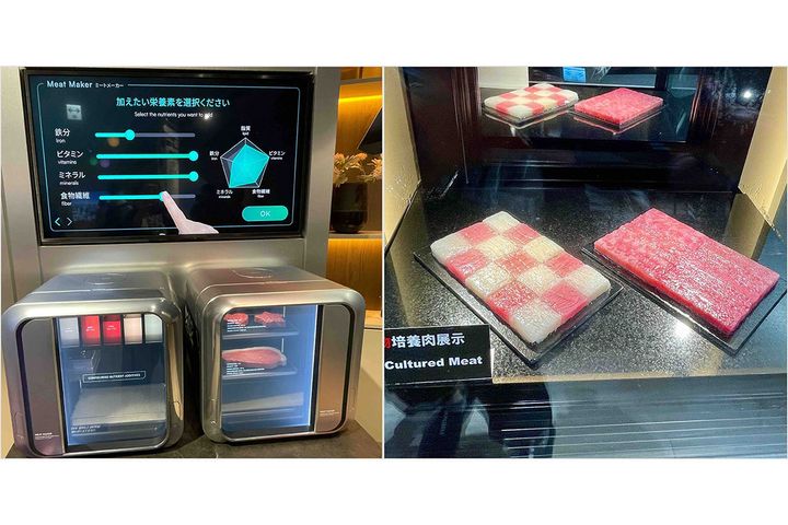 ミートメーカー（左）でつくりたいお肉の情報をインプットすると、翌朝には自分好みのお肉が完成！という驚きの提案。実物の培養肉展示も！（右）。