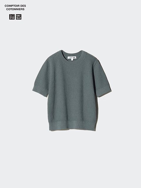 ユニクロ コットンポップコーンクルーセーター半袖 GREEN