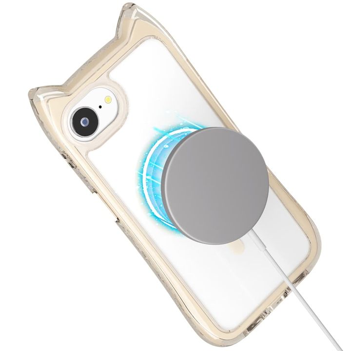 iPhone 16e用 MagSafe対応 ネコミミ エアクッションケース ベージュ（MagSafe取り付け）