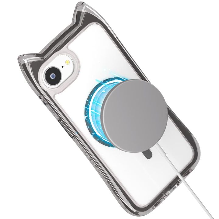 iPhone 16e用 MagSafe対応 ネコミミ エアクッションケース ブラック（MagSafe取り付け）