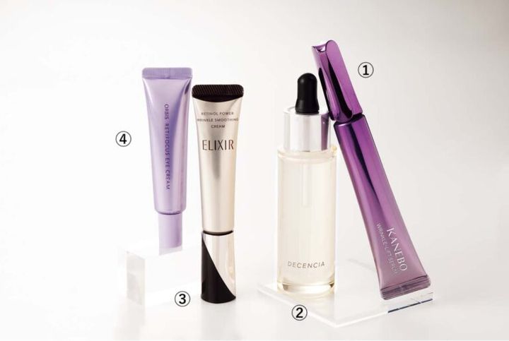 カネボウ リンクル リフト セラム（医薬部外品） 20㎖ ¥ 14,850／カネボウインターナショナルDiv.、ディセンシア リンクルO／L コンセントレート（医薬部外品）30㎖ ¥7,150／ディセンシア、エリクシール レチノパワー リンクルクリーム S（医薬部外品）15g ¥6,490／エリクシール、レチフォーカス アイクリーム 15g ¥3,300／オルビス