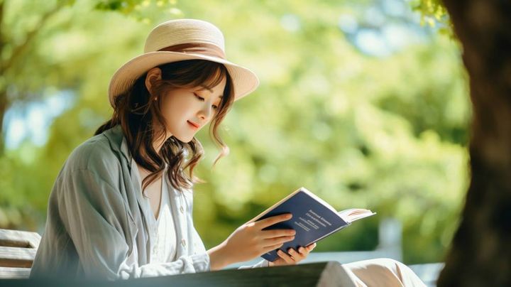 ベンチで読書する女性