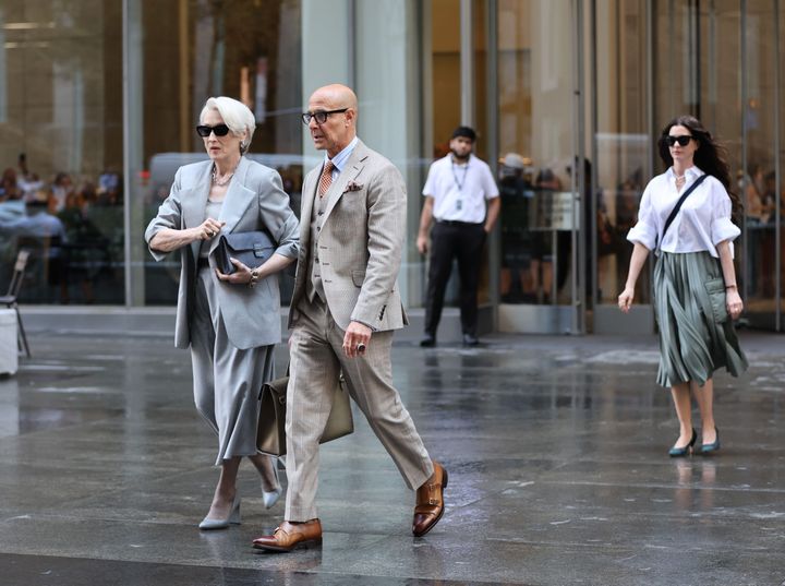 NEW YORK, NY - JULY 28_ Meryl Streep, Stanley Tucci and Anne Hathaway are seen filming scenes at the 