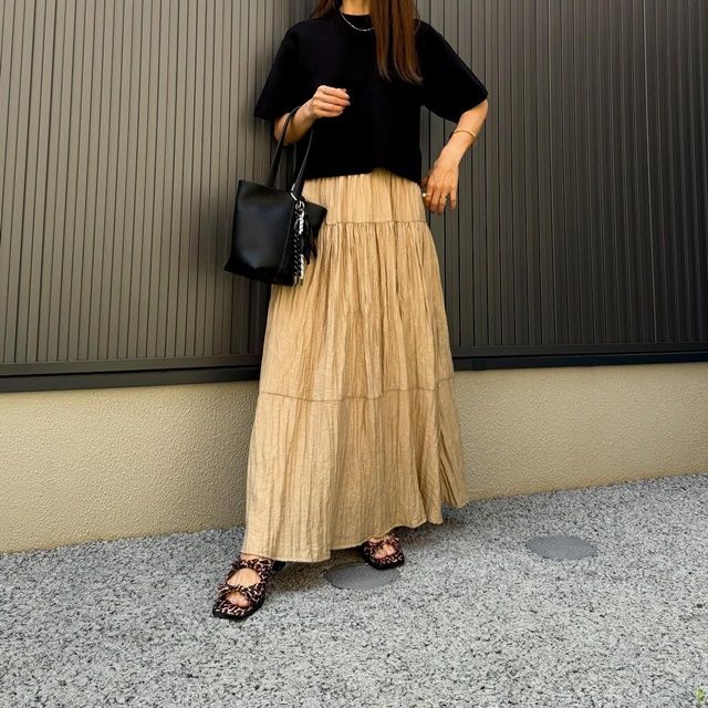 GUのブラウンの「リボンヒールミュール」