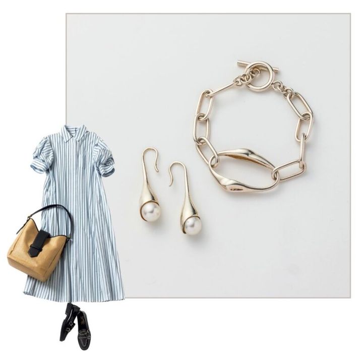 ピアス4万9500円（リューク） ブレスレット1万7600円（yarKA／ロードス） ワンピース2万4200円（エレンディーク） バッグ3万1900円（ラ・ヴェニール／D.L.T） シューズ6万4900円（カステラーノ／フラッパーズ） 