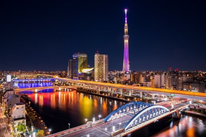 ライトアップされたスカイツリーと東京の夜景