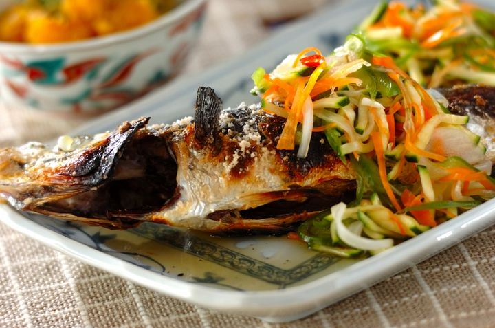 アジの塩焼き野菜の甘酢のせ