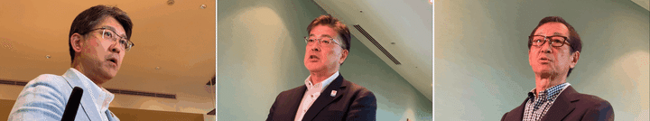 左：トヨタ自動車・佐藤恒治社長、中央：パナソニックHD・楠見雄規社長、右：日本製鉄・橋本英二会長