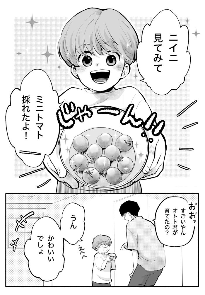 「あ…」急に思い出したジイジの言葉。ミニトマトが苦手なオトト君に伝えると…【ぼくのニイニは高校生・42】の画像1