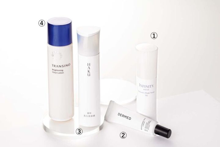 インフィニティ イノベイティブ ブライト セラム XX（医薬部外品） 40㎖ ¥11,000 （編集部調べ）／コーセー、デルメッド ブライトニング スポットクリーム （医薬部外品） 20g ¥5,500／三省製薬、HAKU メラノフォーカス IV（医薬部外品） 45g ¥11,000／資生堂、トランシーノ 薬用ブライトニングクリアローション（医薬部外品）150㎖ ¥3,630（編集部調べ）／第一三共ヘルスケア