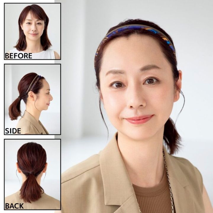 お仕事シーンにも使える知的美人なクール系まとめ髪。 柄カチューシャ1万9800円（アッカ／アッカギンザシックス店） カチューシャ8800円（コレットマルーフ／ザ ヘア バー トウキョウ） ジレ1万4960円（クロエンス／ワールド プレスインフォメーション） タンクトップ1万2100円（ハイク／ボウルズ） ネックレス4万7300円（プリュイ／プリュイ トウキョウ）