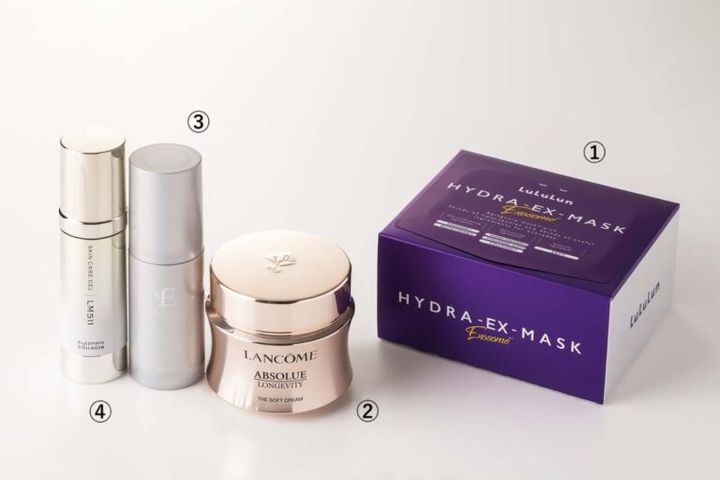 ルルルン ハイドラ EX マスク 28枚入り ¥2,640／Dr.ルルルン、アプソリュ ザ ソフトクリーム 60㎖ ¥48,400／ランコム、エテルナム セラム 30㎖ ¥14,300／エテルナム 、スキンケアジェルLM511 35g ¥33,000／ニッピコラーゲン化粧品