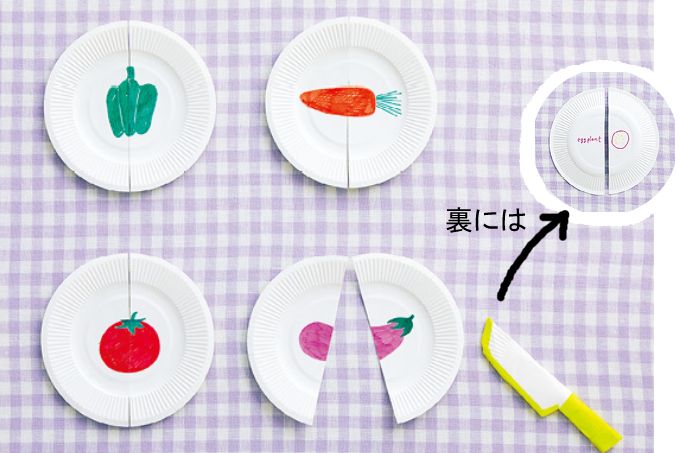 3歳頃の育脳あそび。おままごと、絵合わせ、文字覚えにも。紙皿で作る「おやさいプレート」の画像1