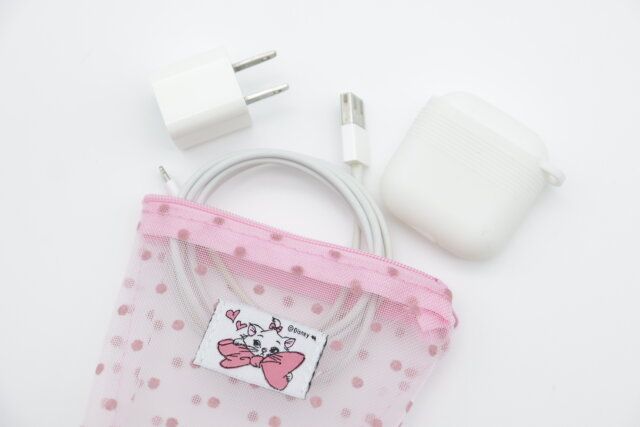 セリア ＜おしゃれキャット＞メッシュドットタグポーチ 使用例 ガジェット