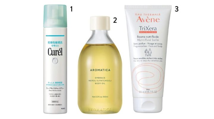 1_キュレル ディープモイスチャースプレー（花王） 2_アロマティカ エンブレイス ボディオイル ネロリ ＆ パチュリ （フードコスメ） 3_アベンヌ トリクセラNT フルイドクリーム（ピエール ファーブル ジャポン）