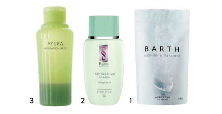 1_薬用BARTH中性重炭酸入浴剤（BARTH） 2_ポール・シェリー シルエット トーニング バスオイル（ピー・エス・インターナショナル） 3_メディテーションバスt（アユーラ）