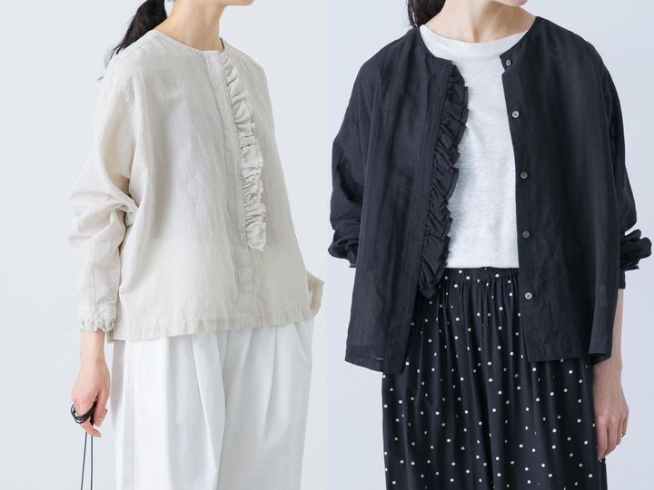 画像: 「コットンリネンワッシャーフリルブラウス」各￥18,700 出典：かぐれ