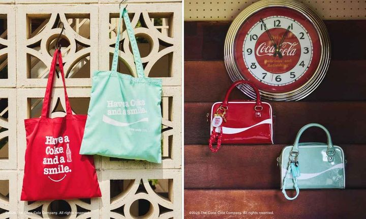 画像: 左「【Coca-Cola】ロゴプリントトートバッグ」各￥2,750、右「【Coca-Cola】2WAYエナメルミニボストンバッグ」各￥5,489 出典：Coca-Cola Special Collection