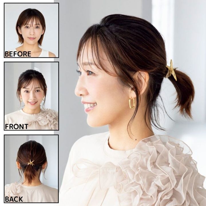 タイトになりがちなプチ結びは おくれ毛を2ヶ所出してカジュアルに。ゴム1万7050円（プリュイ／プリュイ トウキョウ） Tシャツ6930円（セルフィスト／アバハウスインターナショナル オンラインストア） ピアス3630円（ヘンカ／ロードス）