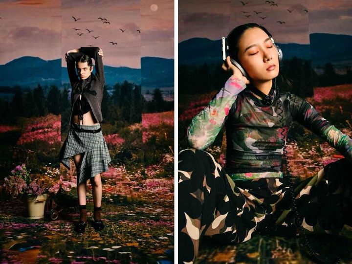 画像: 左「Steadfirst Zip Through Knit」￥44,000、右「Camo Mesh Longsleeve T-shirt」￥26,400、 「Floral Mesh Longsleeve T-shirt」￥26,400、「Camo Cargo Pants」￥44,000 出典：レイ ビームス