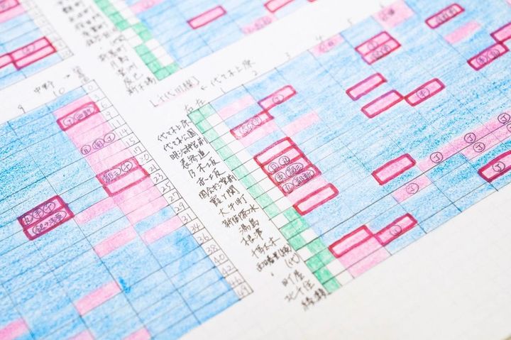 最初に作った手書きノートは「わかりにくい」と却下され、横軸を車両、縦軸を駅名にして、色分けしてすべて作り直した。今の「のりかえ便利マップ」とほぼ同じ構成