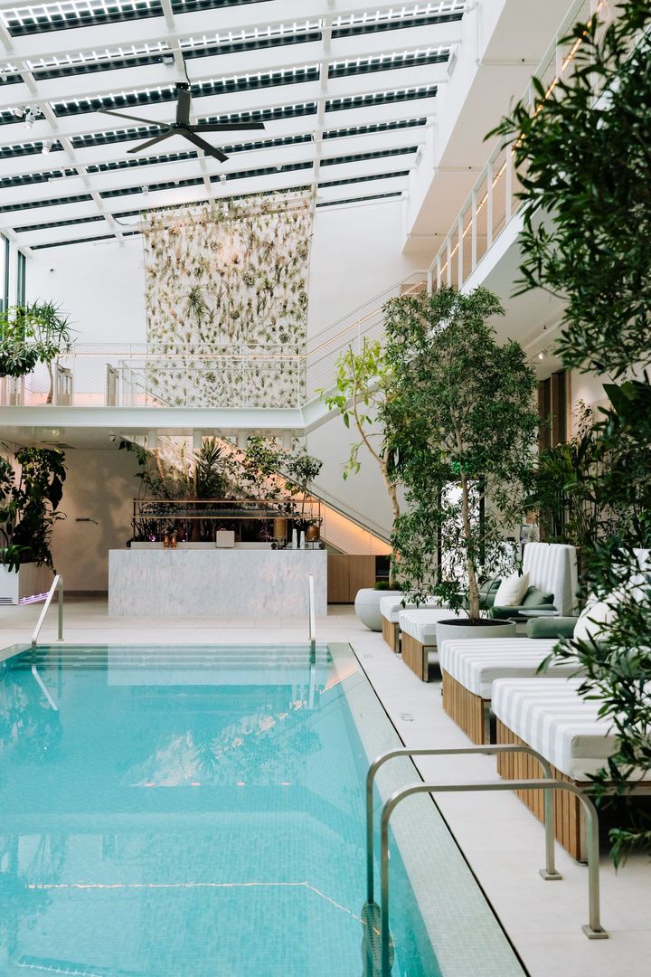 温水プールのある「コンサバトリー」と呼ばれるエリア。トロピカルな植物が中心の平面緑化をはじめ、グリーンの植物があふれる気持ちのいい空間。