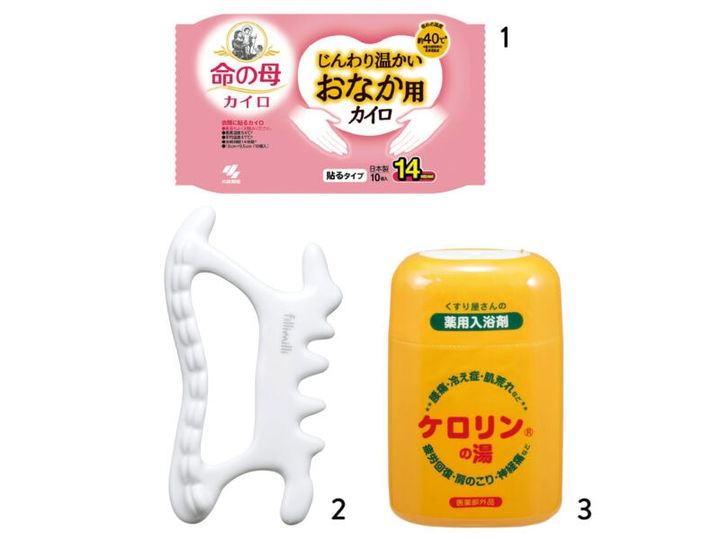 1_命の母 カイロ じんわり温かいおなか用カイロ（貼るタイプ）10枚入り（小林製薬） 2_フィリミリ セラミックボディかっさ ¥3,025（フードコスメ） 3_ケロリンの湯 ［医薬部外品］200g ¥825（富山めぐみ製薬）