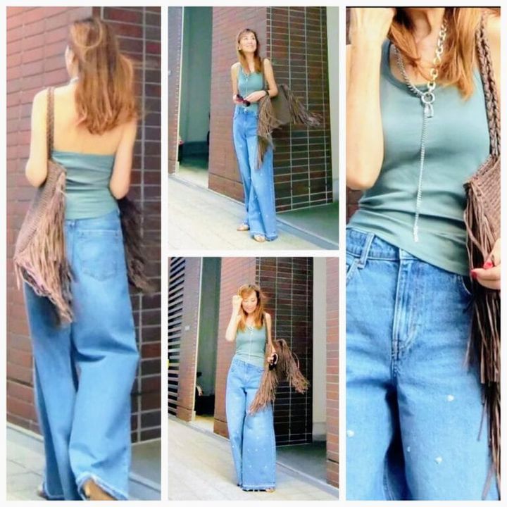 ブラトップ／ユニクロ、 ワイドデニム／H&M、 フリンジバッグ／H&M、 ネックレス／nestlejewelry