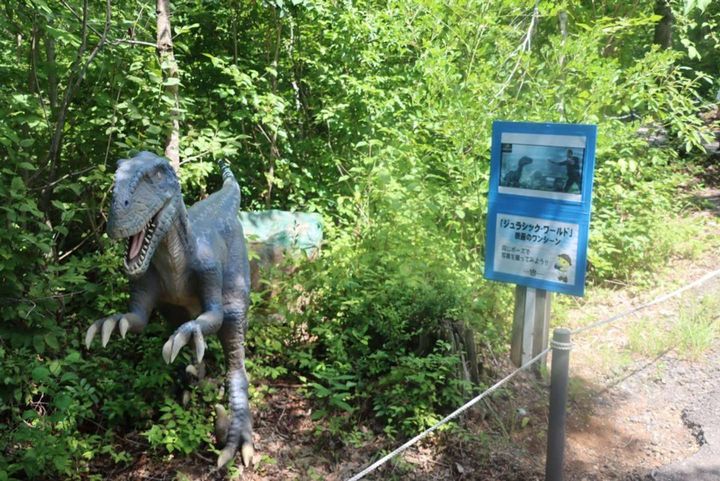 ジュラシックワールド風の写真が撮れる！（2023年8月、かつやまディノパークにて編集部撮影）