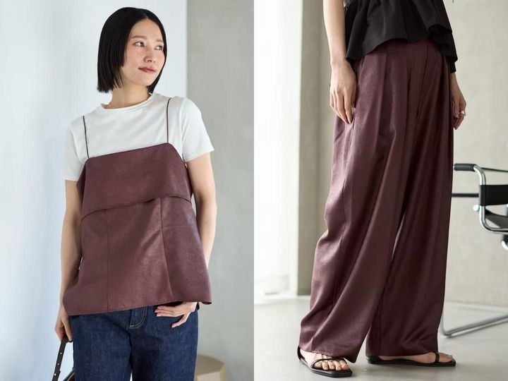 画像: 「チンツ加工 バックオープン キャミソールトップス」￥9,900、「チンツ加工 イージーワイドパンツ」￥13,970 出典：ファーストハンド