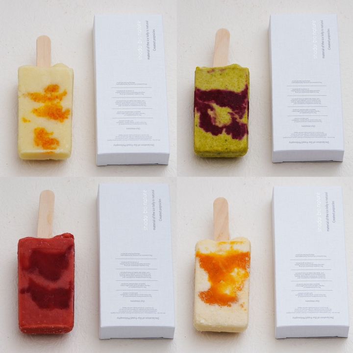 「ヴィーガン ジェラートバーキャンデー（4本入り）」¥3,550。フレーバーは全4種。「青リンゴ・伊予柑」「ピスタチオ・木苺」「苺・苺・苺コンフィチュール」「アーモンドミルク・アプリコット」